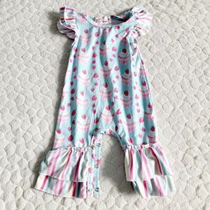 Baby ruffle jumper jumpsuit cupcakes strawberries stripes birthday party outfit